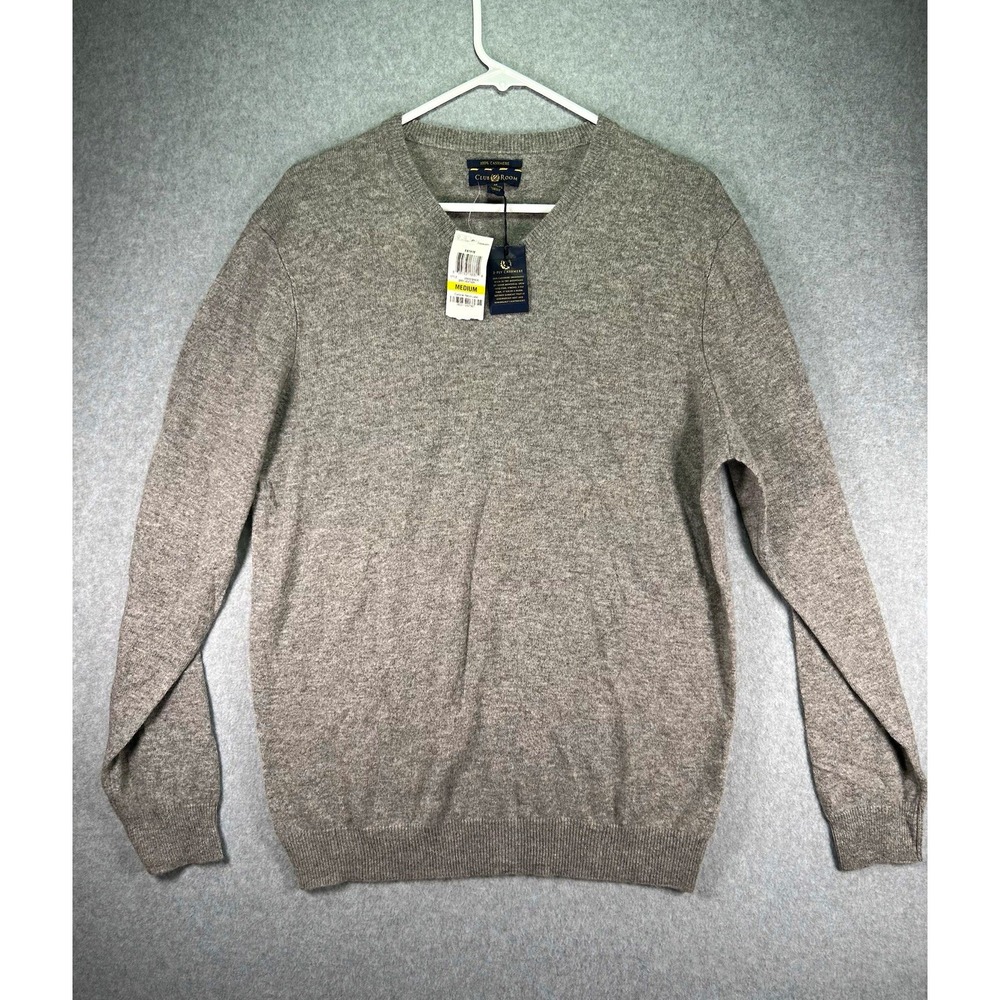 Club Room Mens Sweater M Gray 100% Cashmere V-Neck Pullover Knit Lightweight